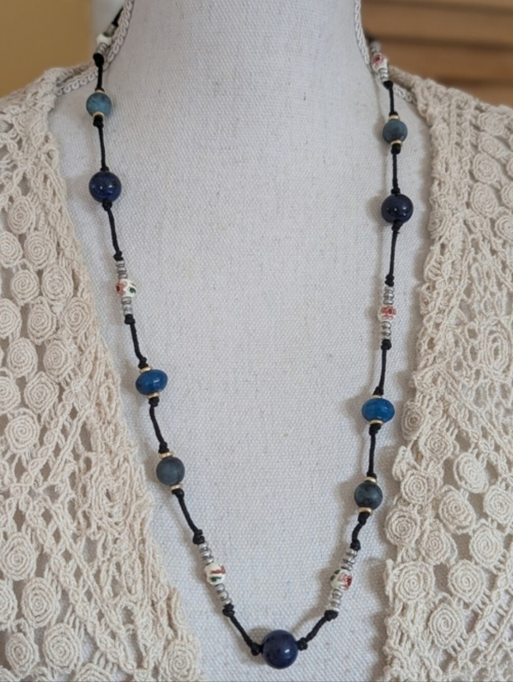 J. Jill Blue & Teal Beaded Long Necklace Cloisonne Inspired Adjustable Cord NWOT